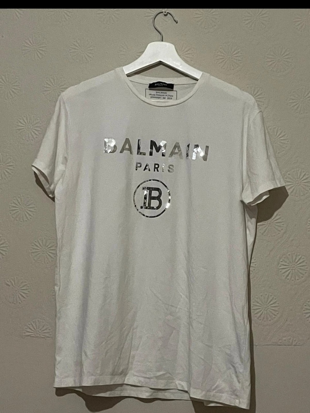 Balmain White Short Sleeve Logo Tee with Silver Mirror Accents